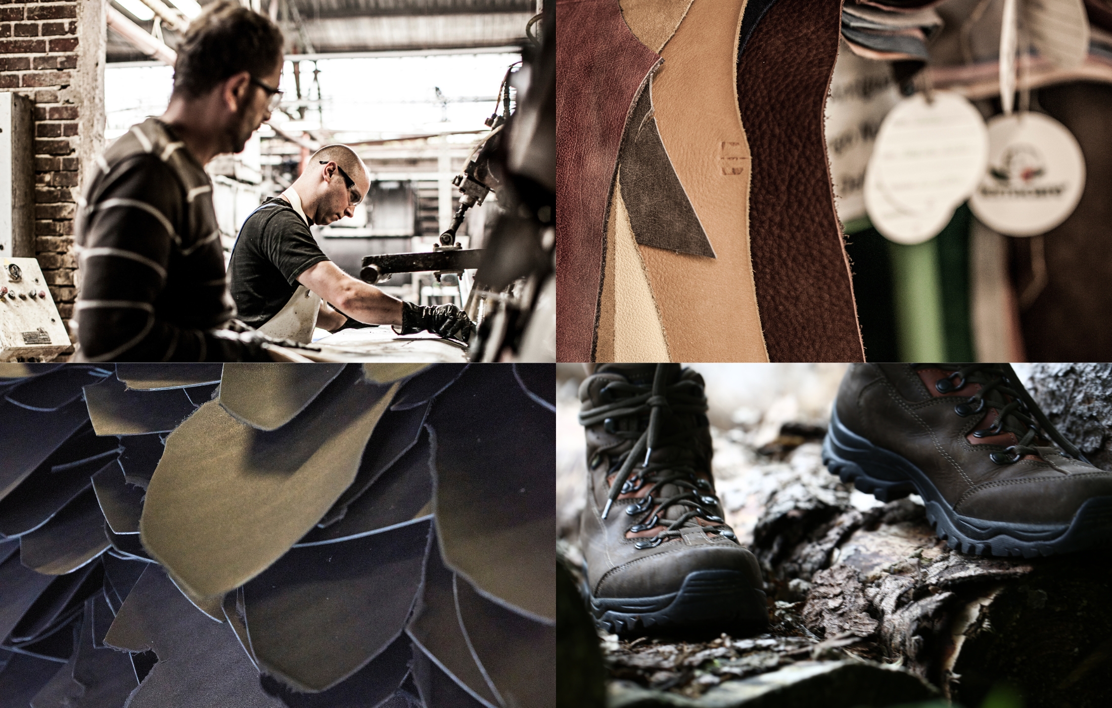Collage aus vier Motiven rund um Terracare-Leder: Oben links zwei Arbeiter in der Gerberei bei der Bearbeitung von Lederhäuten, oben rechts verschiedene Lederstücke in Nahaufnahme mit Etiketten, unten links gestapelte gegerbte Lederhäute in dunklen Farbtönen, unten rechts braune Wanderstiefel aus Leder im Einsatz auf Waldboden und Holz.